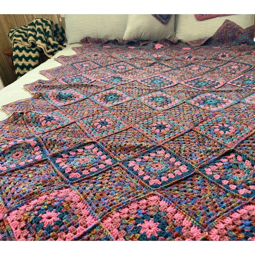 Handmade Crocheted Afghan with Pillow Covers Variegated Colors